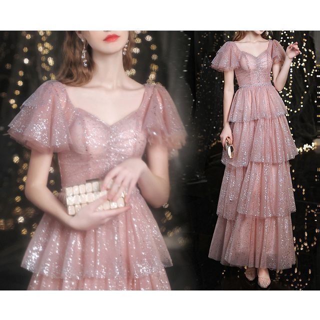 Layered Sweetheart-Neckline Gown A-Line Short-Sleeve Evening Sequined