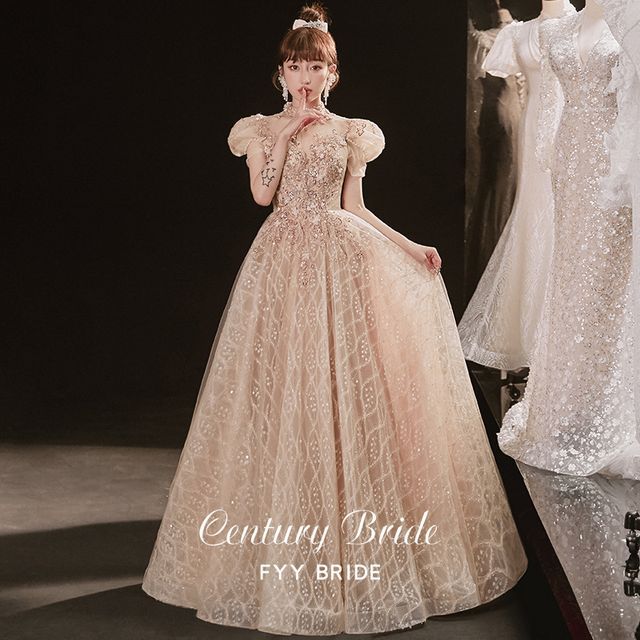 Short-Sleeve High Neck Floral Embroidered A-Line Evening Gown