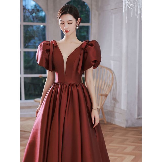 Mesh Gown Evening A-Line Plain Puff-Sleeve Panel
