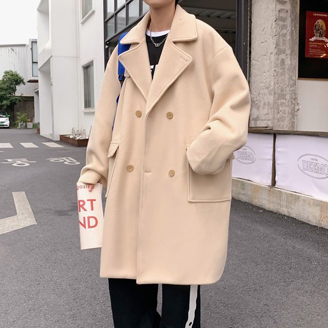 Long-Sleeve  Double-Breasted  Plain Woolen Coat