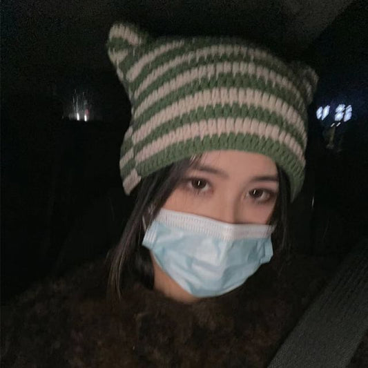 Striped Knit Beanie Cat Ear