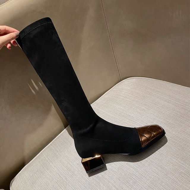 Panel Knee-High Boots Quilted Square-Toe Block Heel