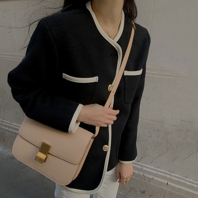 V-Neck Contrast Trim Button-Up Tweed Jacket