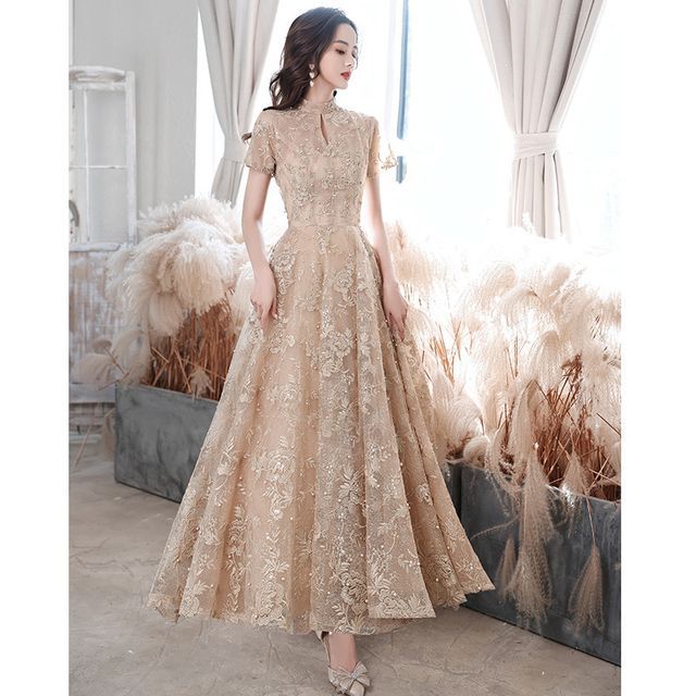 Embroidered A-Line Neck Mock Short-Sleeve / Pearl Dress Flower Faux Gown Evening Cocktail