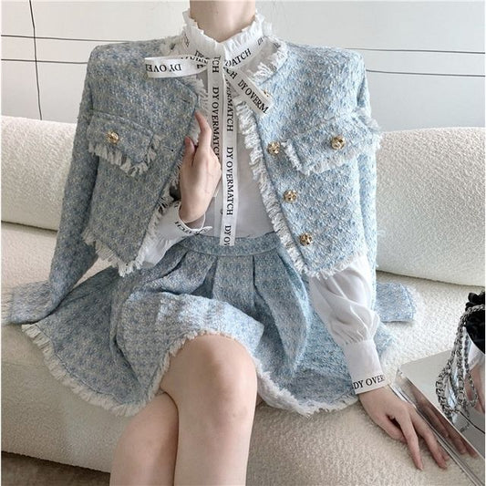 Long-Sleeve Lace Blouse / Tweed Tassel Trim Button-Up Jacket / High Rise Pleated Mini A-Line Skirt / Set