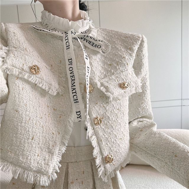 Long-Sleeve Lace Blouse / Tweed Tassel Trim Button-Up Jacket / High Rise Pleated Mini A-Line Skirt / Set