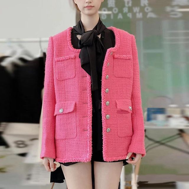 Square Neck Plain Tweed Single Breasted Jacket (Various Designs)