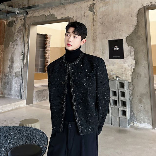 Tweed Trim Glitter Button-Up Jacket