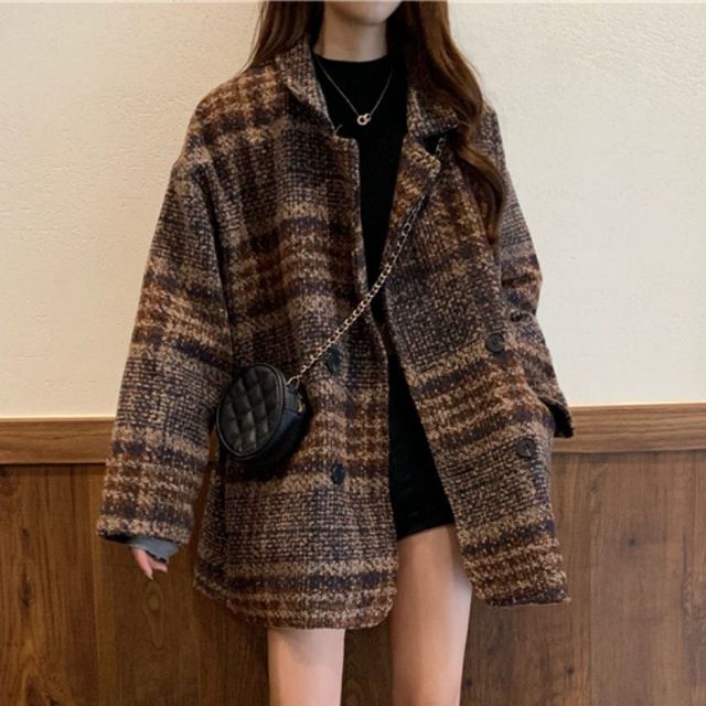 Long-Sleeve Plaid Woolen Coat