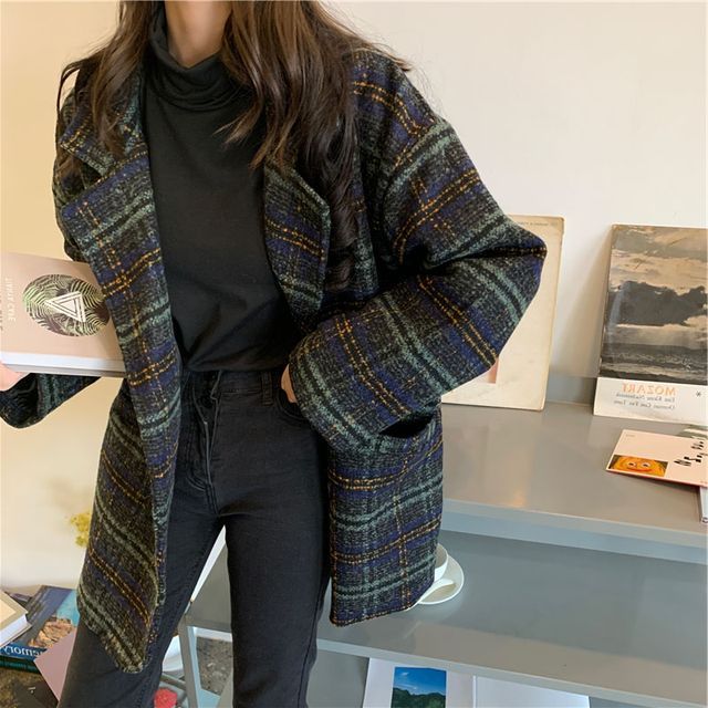 Long-Sleeve Plaid Woolen Coat
