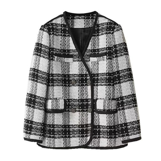 V-Neck Plaid Piped Tweed Double-Breasted Jacket