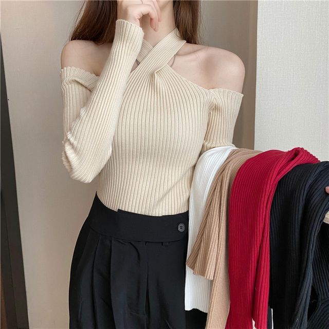 Top Halter Knit Long-Sleeve Plain Cold-Shoulder