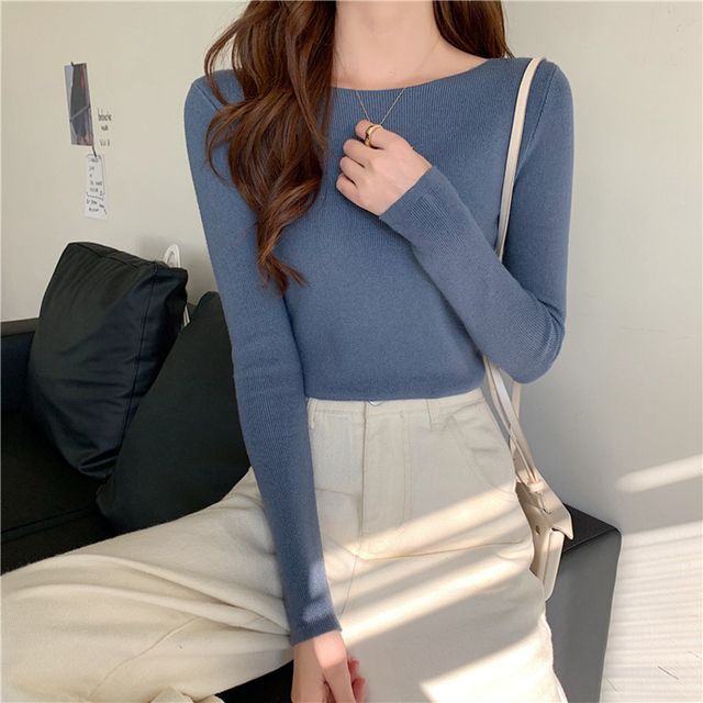 Long-Sleeve Top Knit Plain Slim-Fit