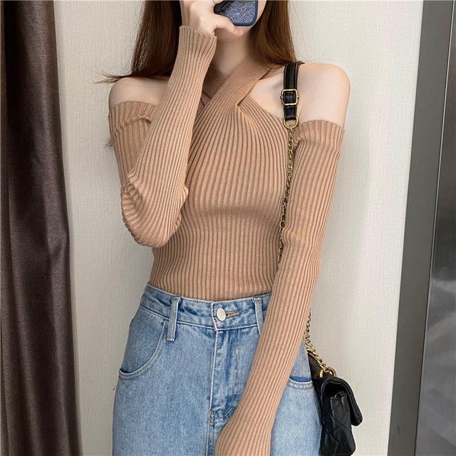 Top Halter Knit Long-Sleeve Plain Cold-Shoulder