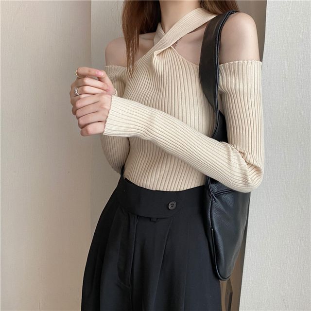 Top Halter Knit Long-Sleeve Plain Cold-Shoulder