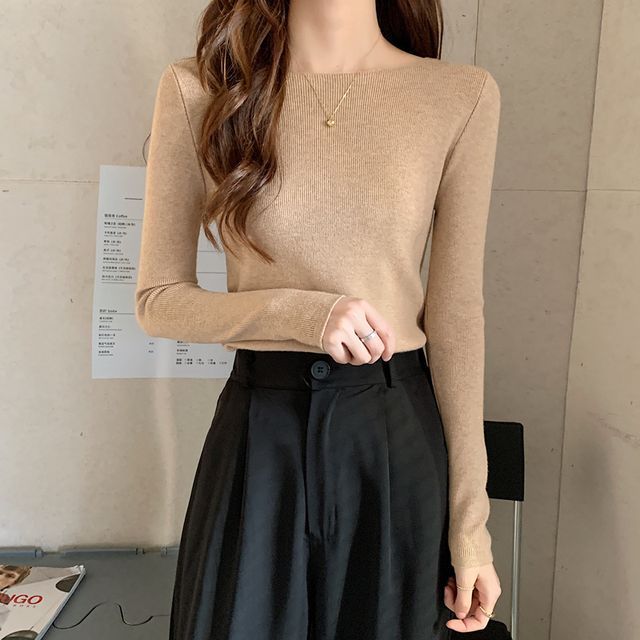 Long-Sleeve Top Knit Plain Slim-Fit