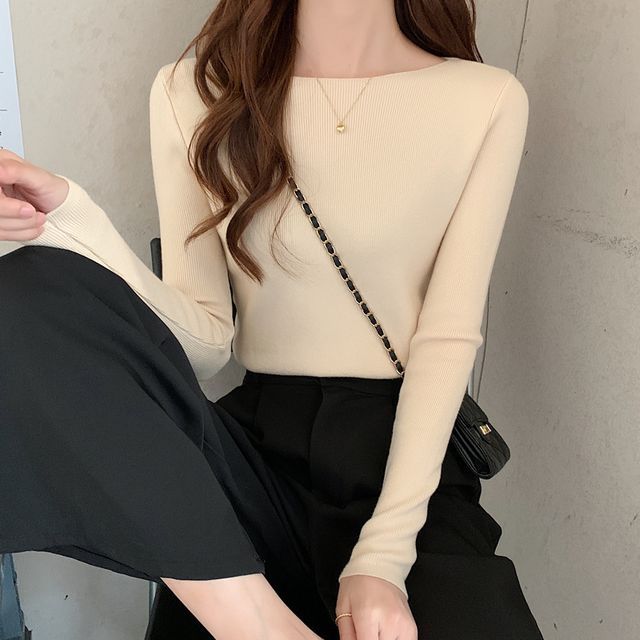 Long-Sleeve Top Knit Plain Slim-Fit