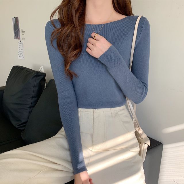 Long-Sleeve Top Knit Plain Slim-Fit
