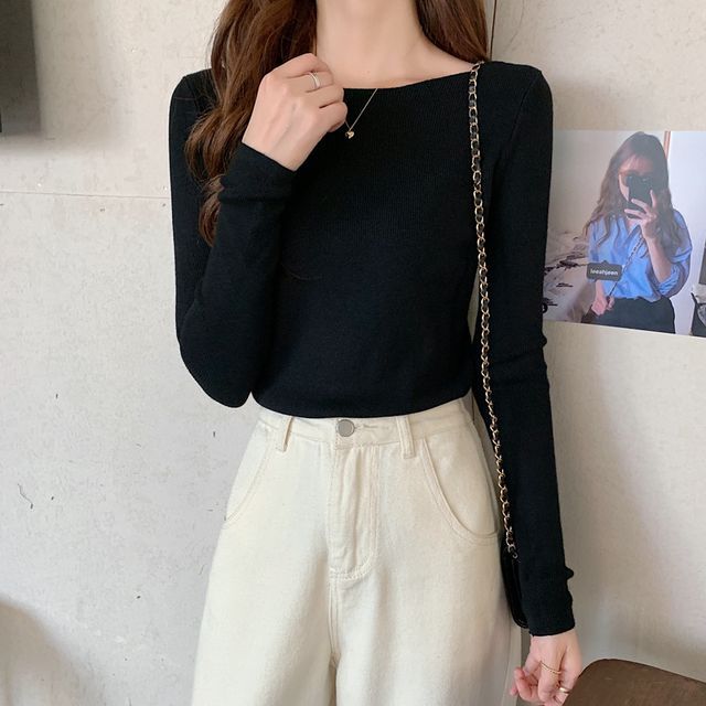 Long-Sleeve Top Knit Plain Slim-Fit