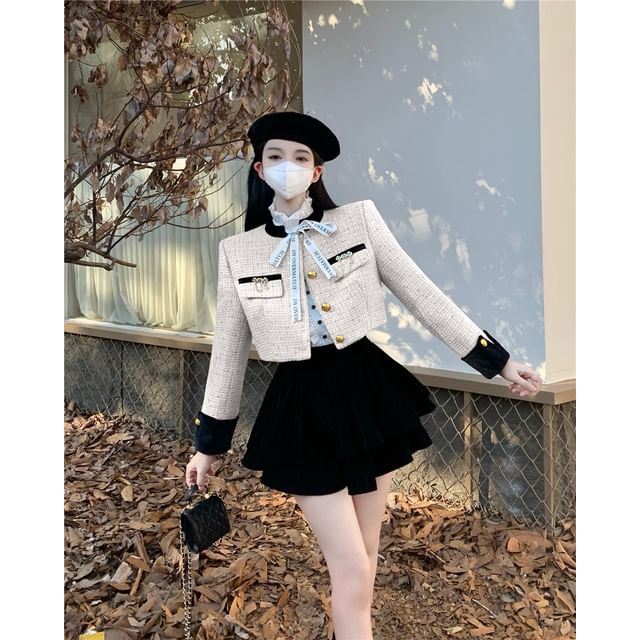 Stand Collar Velvet Panel Tweed Crop Single Breasted Jacket / High Waist Plain Tiered Velvet Mini A-Line Skirt / Long-Sleeve Stand Collar Lettering Print Tie Front Ruffle Blouse