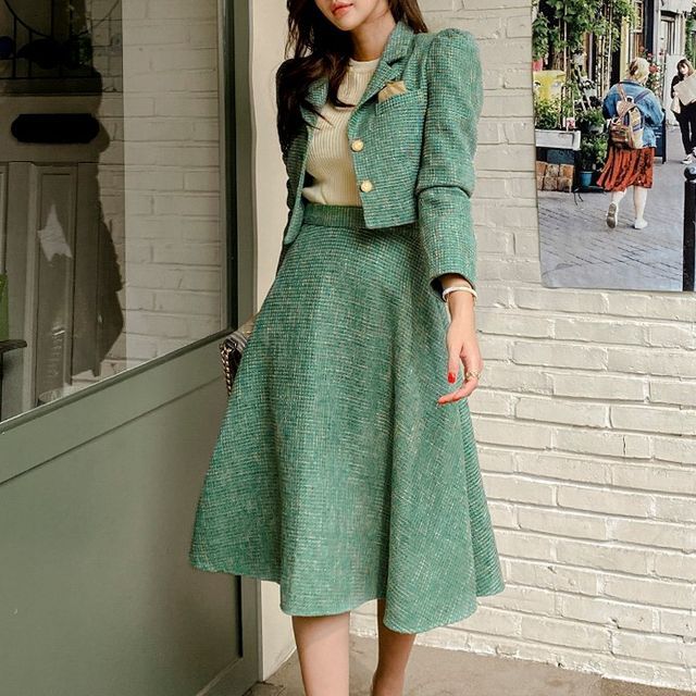 Set: Tweed Button-Up Crop Jacket + High Waist Midi A-Line Skirt