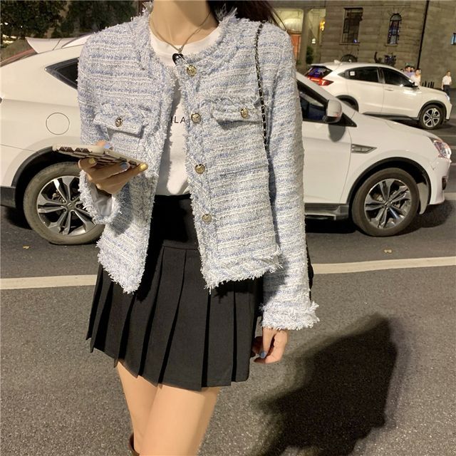 Round Neck Single Breasted Fringed Tweed Blazer