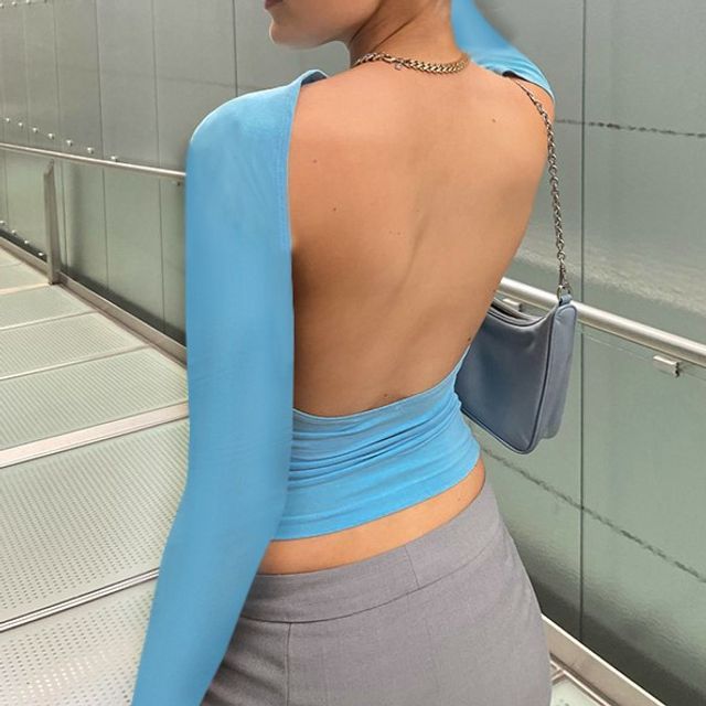 Plain Backless Crop Neck Way T-Shirt Long-Sleeve Two Boat