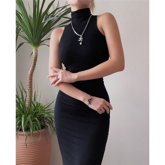 Sleeveless Turtleneck Plain Slim-Fit Dress