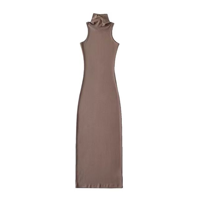 Sleeveless Turtleneck Plain Slim-Fit Dress