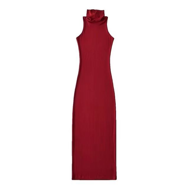 Sleeveless Turtleneck Plain Slim-Fit Dress