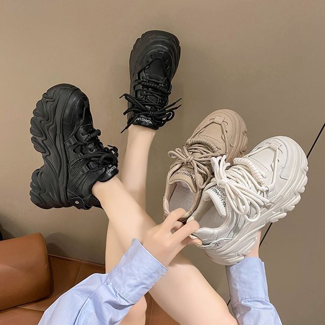 Platform Leather Plain Sneakers Print Lettering Faux Fleece-Lined