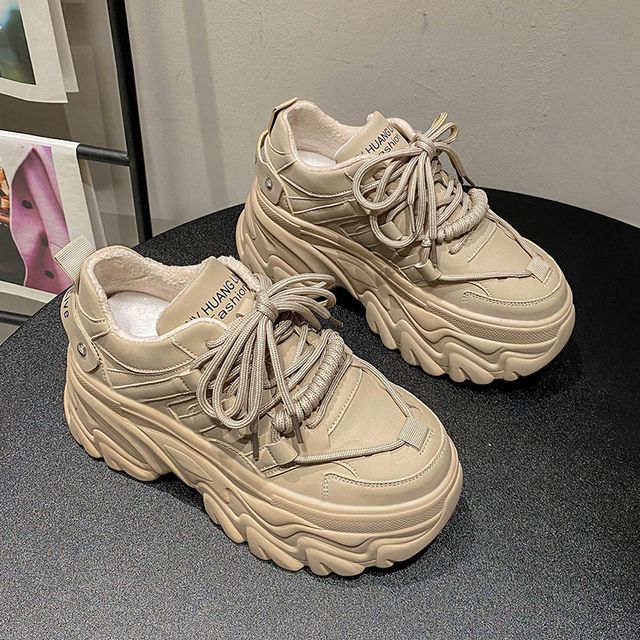 Platform Leather Plain Sneakers Print Lettering Faux Fleece-Lined