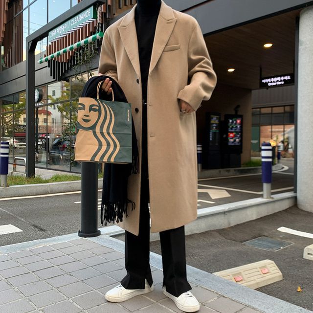 Long-Sleeve Plain Woolen Long Coat