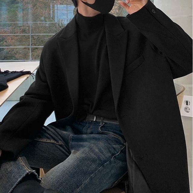 Long-Sleeve Plain Woolen Long Coat