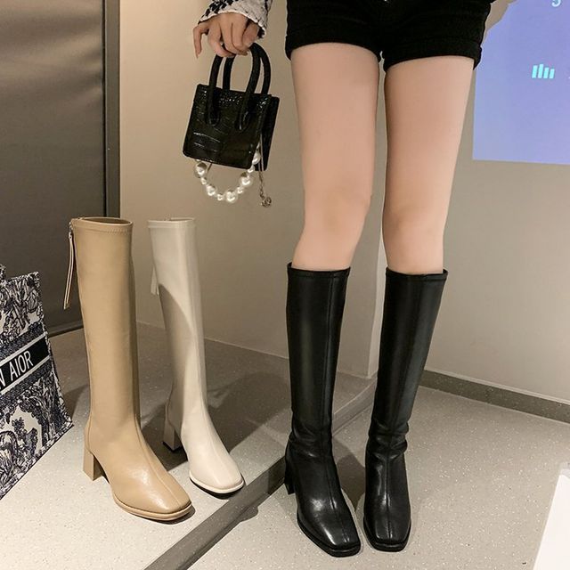 Faux Boots Block-Heel Leather Tall