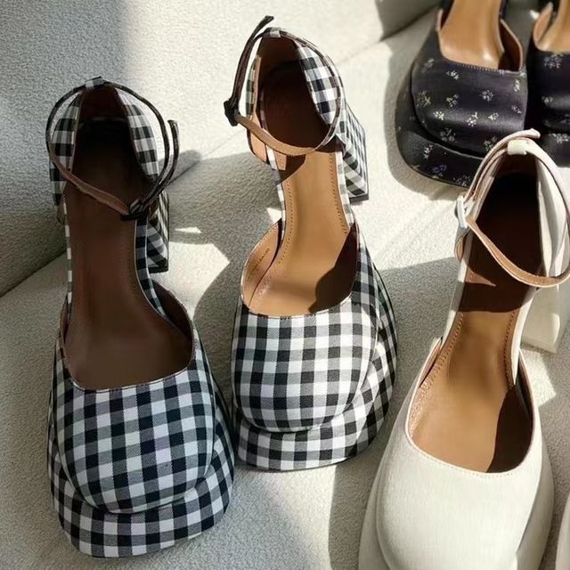 Ankle Strap Pumps Block-Heel Square-Toe