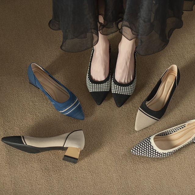 Pointed Woven Pumps Block-Heel
