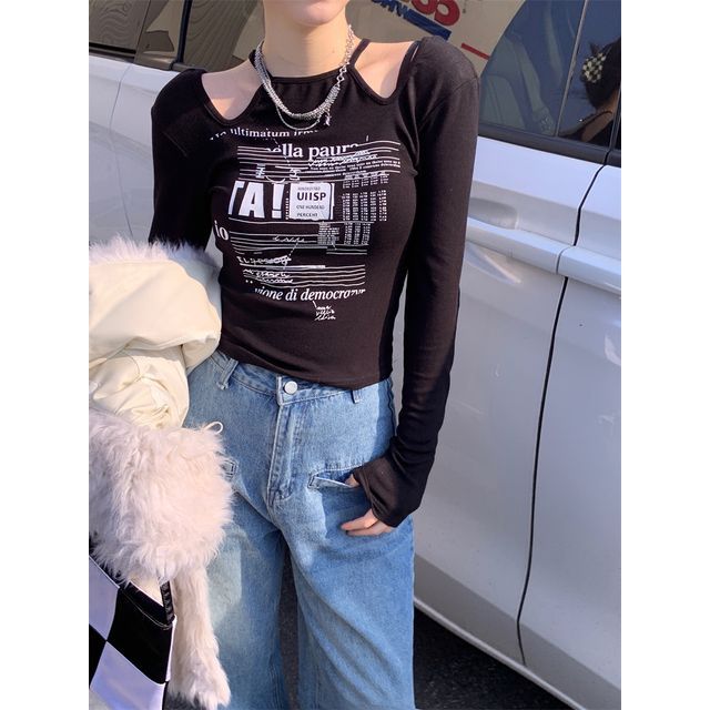 Long-Sleeve Cold-Shoulder Top Slim-Fit Print