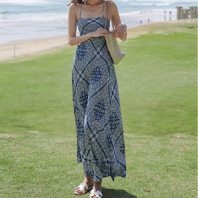 A-Line Paisley Spaghetti Dress Print Midi Strap