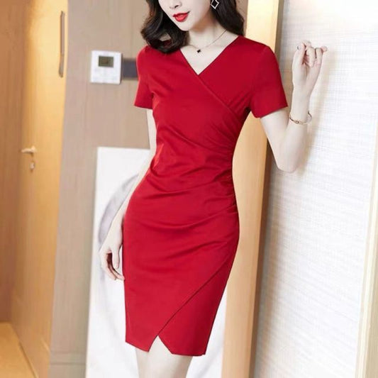 Mini Wrap Dress V-Neck Short-Sleeve Plain Bodycon