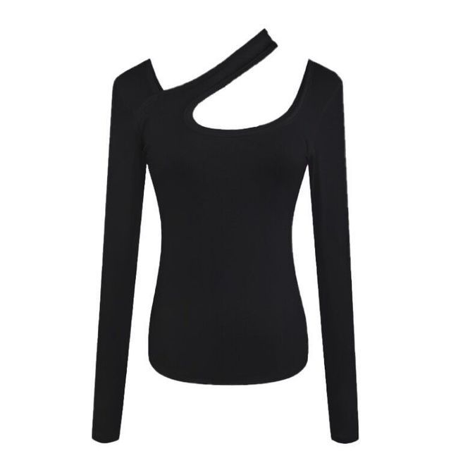 Cutout Asymmetrical Neck Long-Sleeve Plain T-Shirt