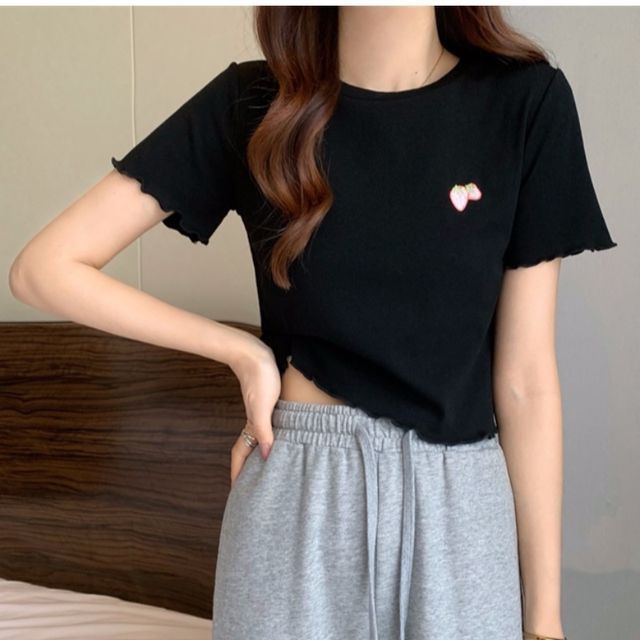 Neck Embroidered Crop T-Shirt Crew Short-Sleeve
