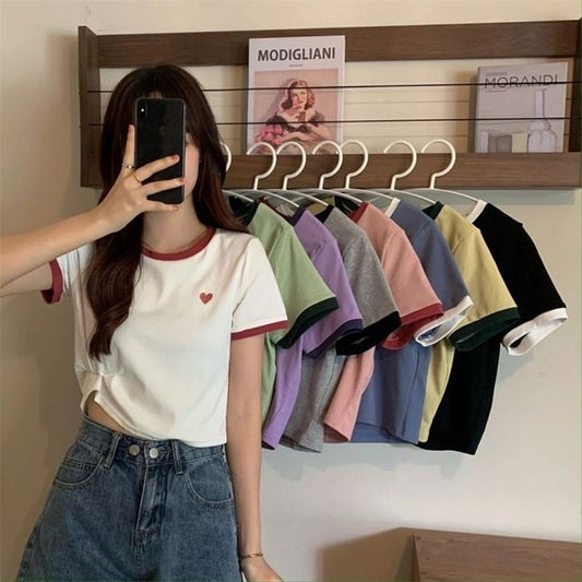 Neck Round Short-Sleeve Trim Tee Contrast Heart