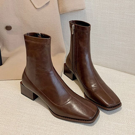 Block Boots Toe Heel Leather Faux Square Short