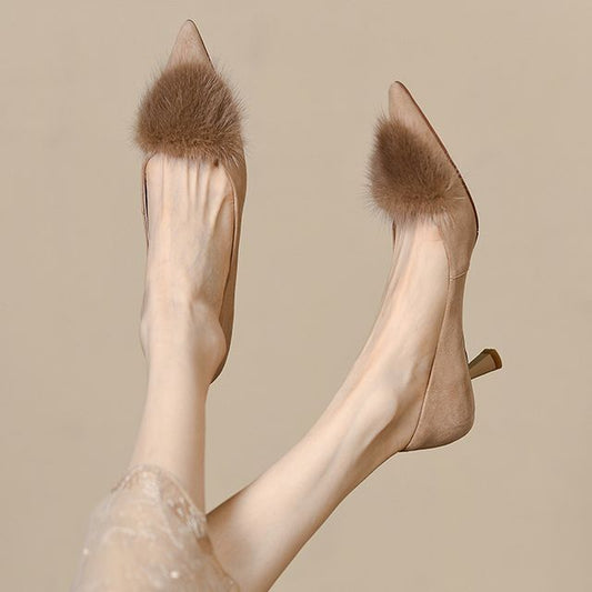 Suede Faux Heel Accent Pointed Pumps Pom Kitten