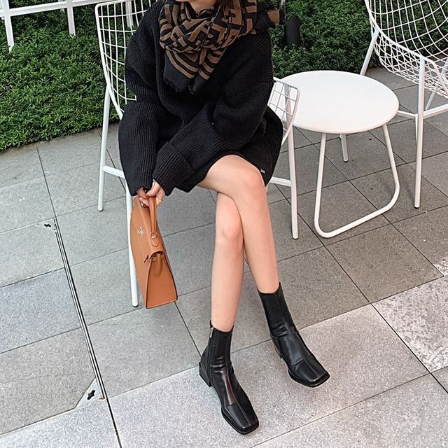 Block Boots Toe Heel Leather Faux Square Short