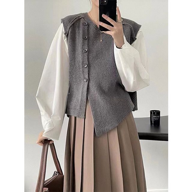 Asymmetrical Neck Vest Button-Up Crew Sweater Plain Hem