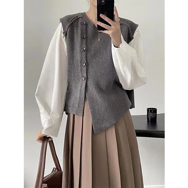 Asymmetrical Neck Vest Button-Up Crew Sweater Plain Hem