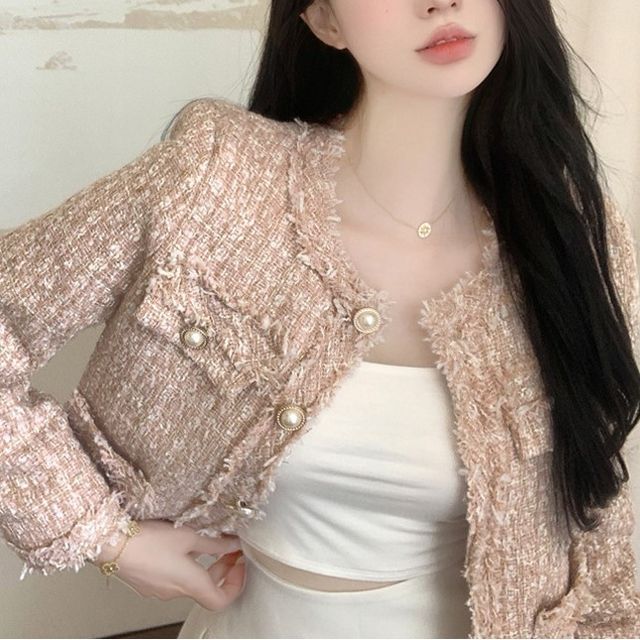 Fringed Tweed Single-Breasted Jacket