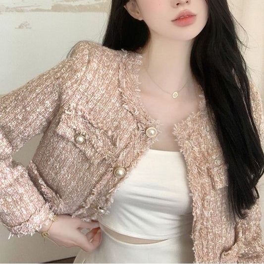 Fringed Tweed Single-Breasted Jacket